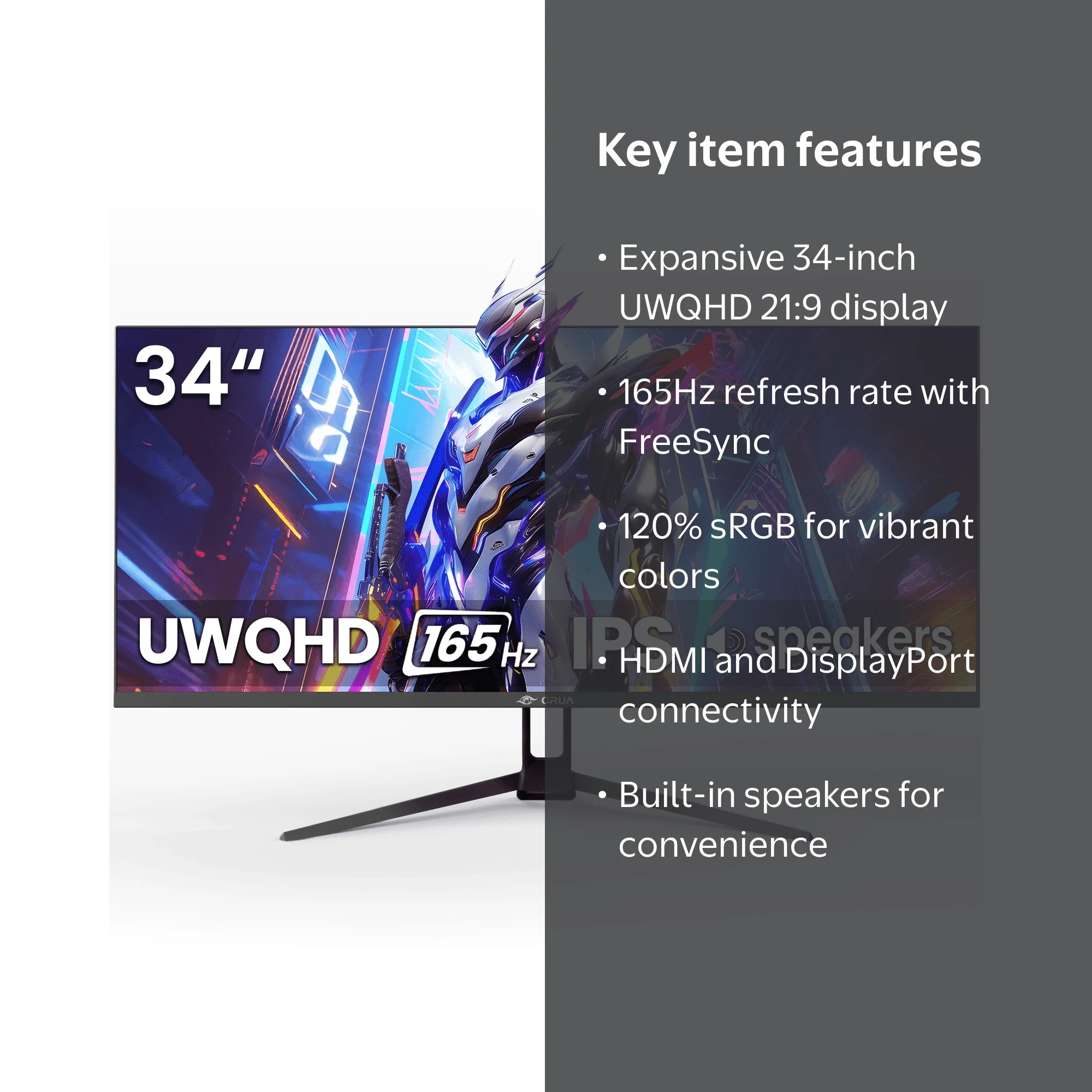CRUA 34 Inch UWQHD Ultrawide Gaming Monitor, 165Hz, Built-in