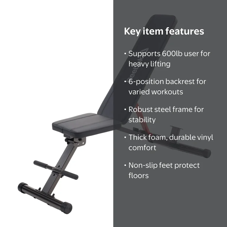 Reebok Adjustable Utility Bench – 600 lb Capacity, 6-Position
