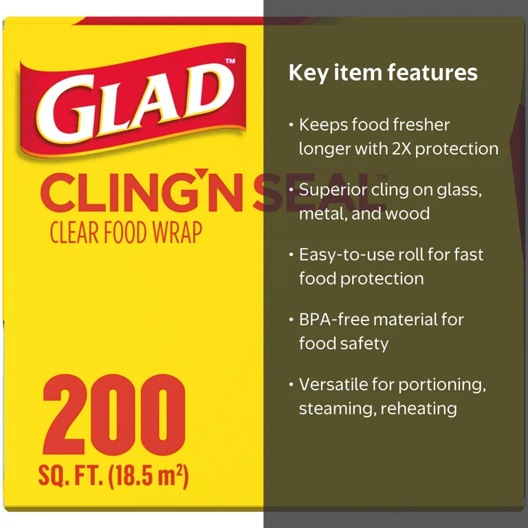 Glad Cling N Seal Plastic Food Wrap, 200 sq ft Roll, Airtight Seal