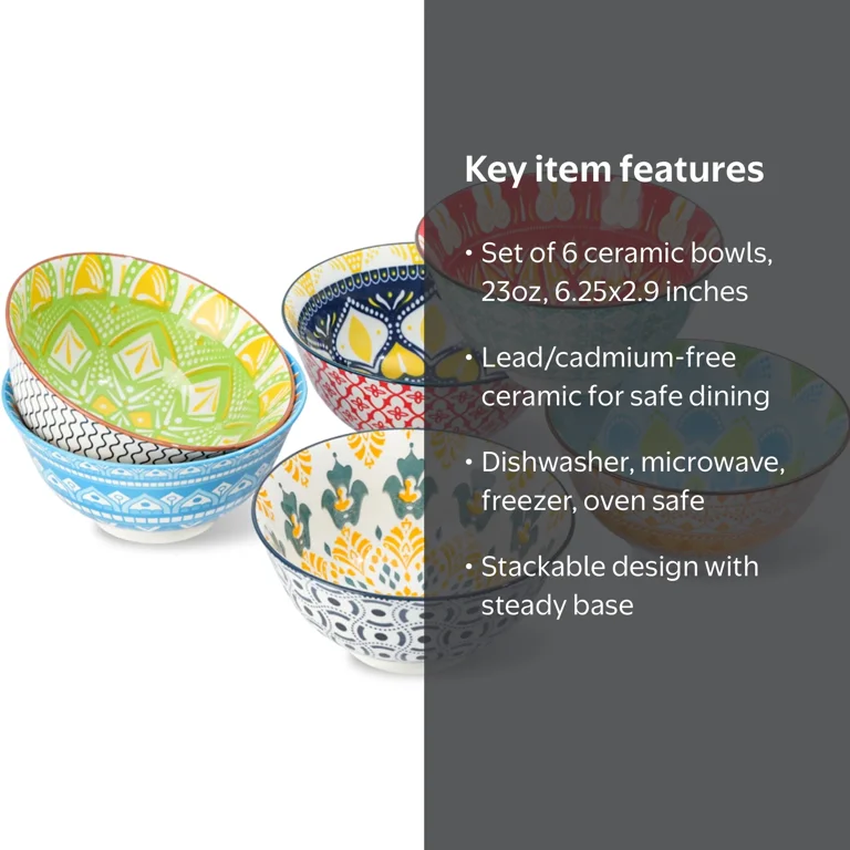AHX 6 Pack Porcelain Cereal Bowls, 23oz Salad Soup Bowl, 6.25-inch