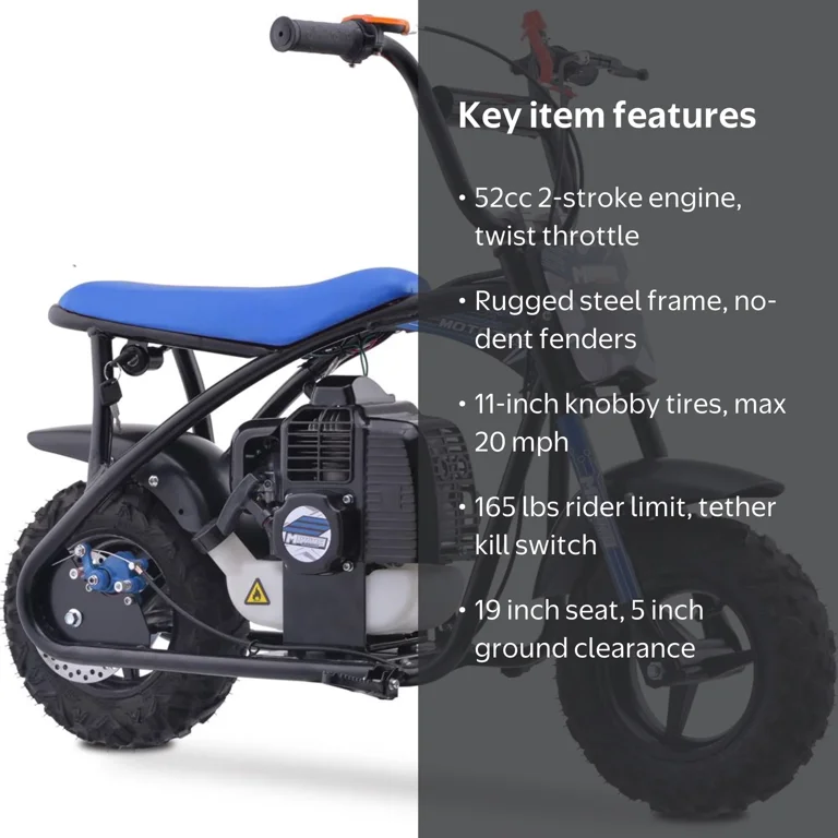 MotoTec, Mini Bike, 52cc 2-Stroke, Blue, Steel Frame - Walmart.com