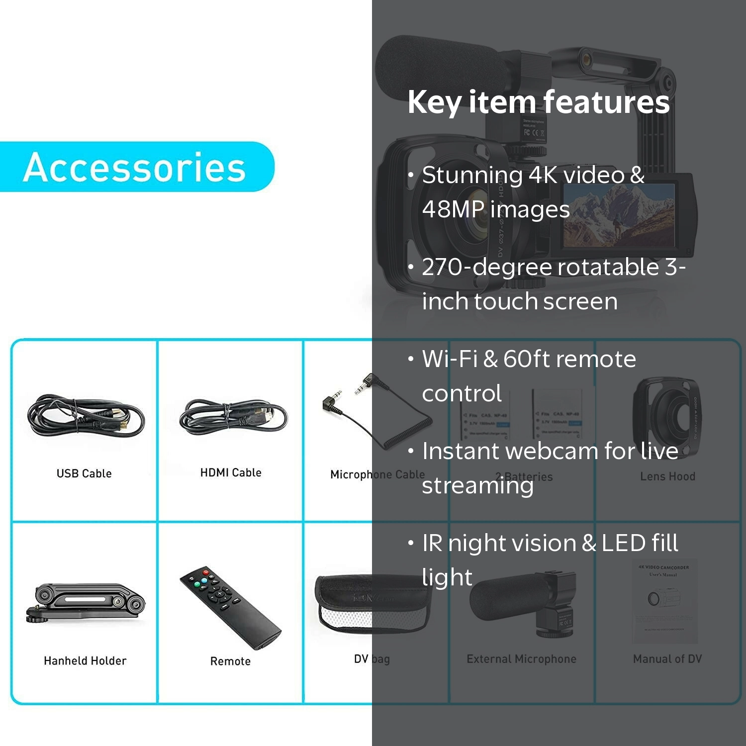 Tagital 4K UHD 18x 48 MP Camcorder with Microphone, WiFi Remote
