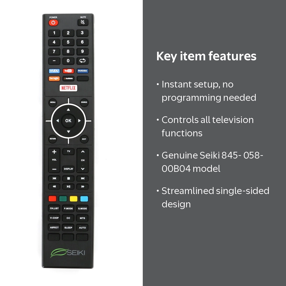 Seiki Smart TV Remote Control, Model 845-058-00B04, Compatible