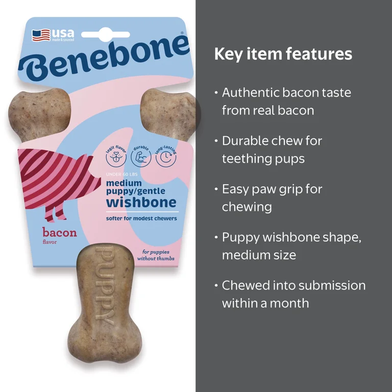 Benebone, Puppy Wishbone Dog Chew Toy, Durable with Real Bacon