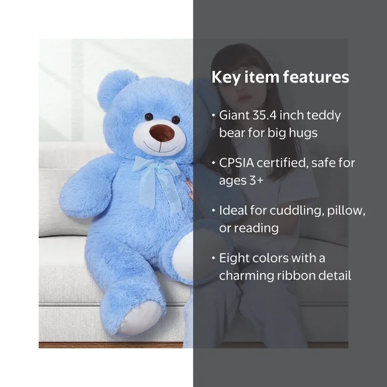 MorisMos, Giant Teddy Bear, 35.4 inches, Blue, Soft Plush Toy
