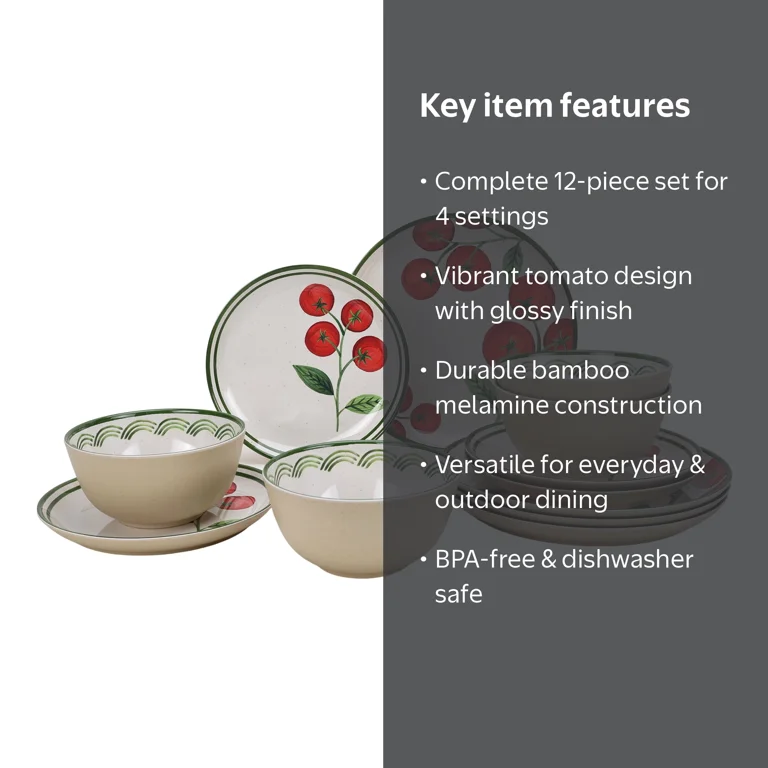 Better Homes & Gardens 12-Piece Bamboo Melamine Tomato Design
