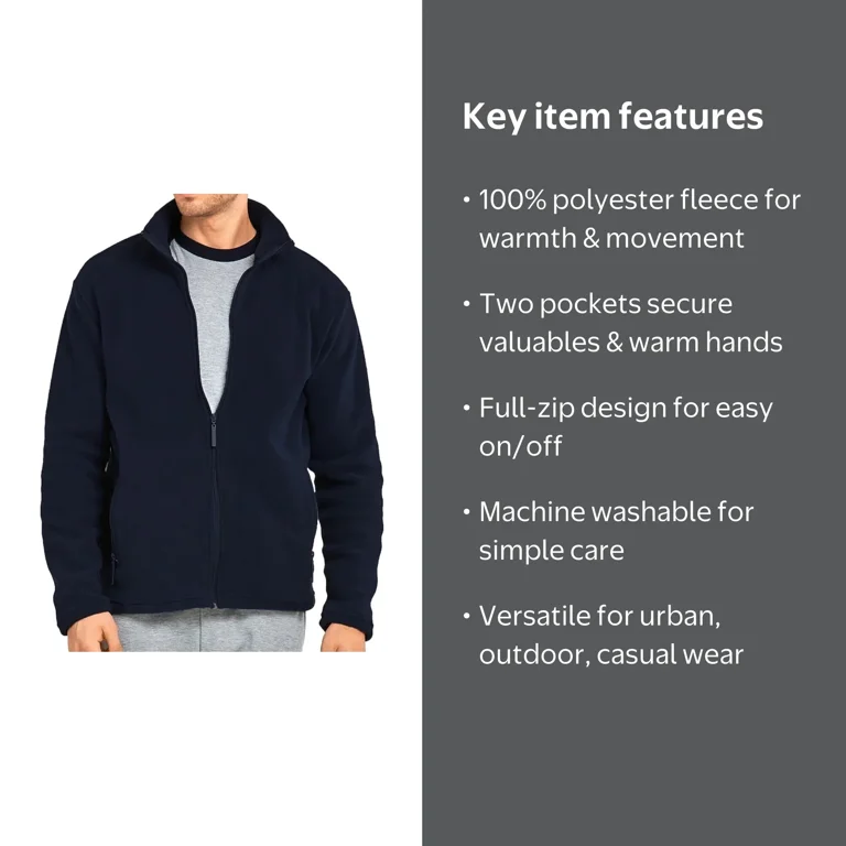 Men's Navy 2XL Full-Zip Polar Fleece Jacket, Soft and Warm