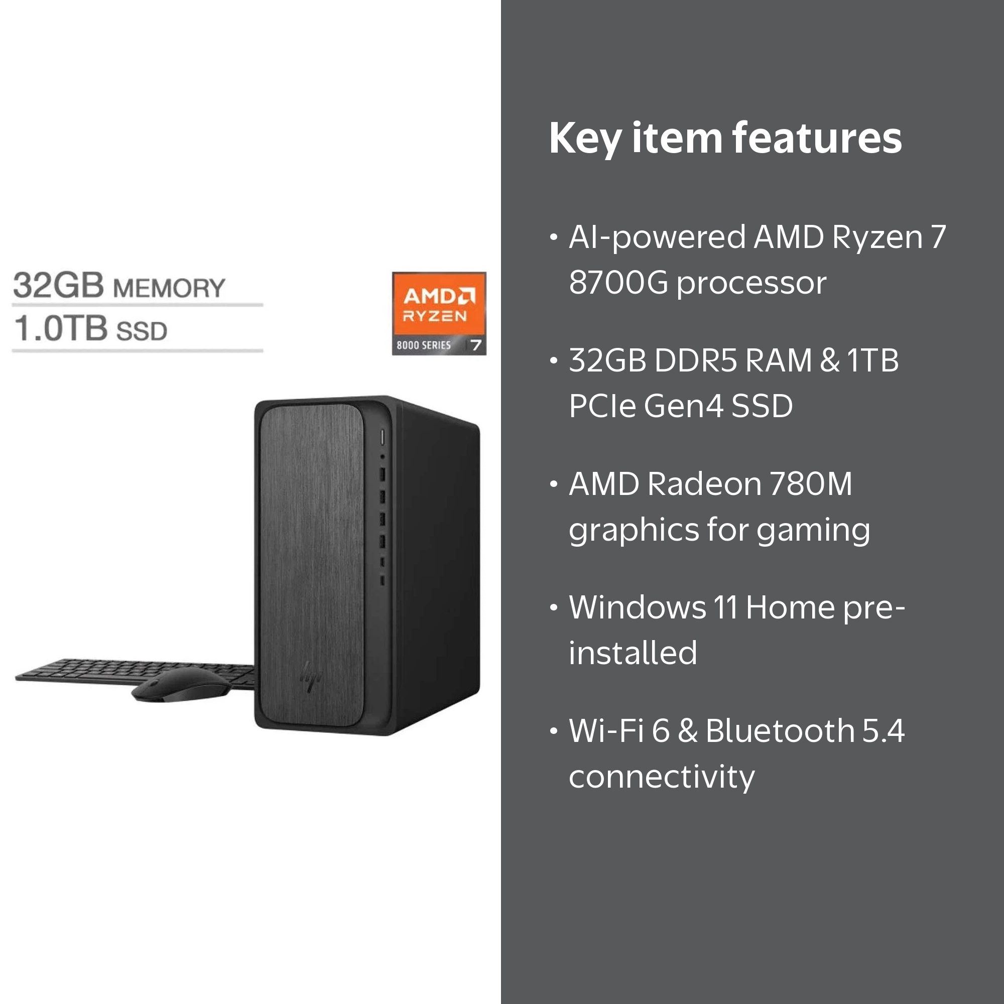 HP OmniDesk Tower Desktop Computer with AMD Ryzen 7 8700G, 32GB