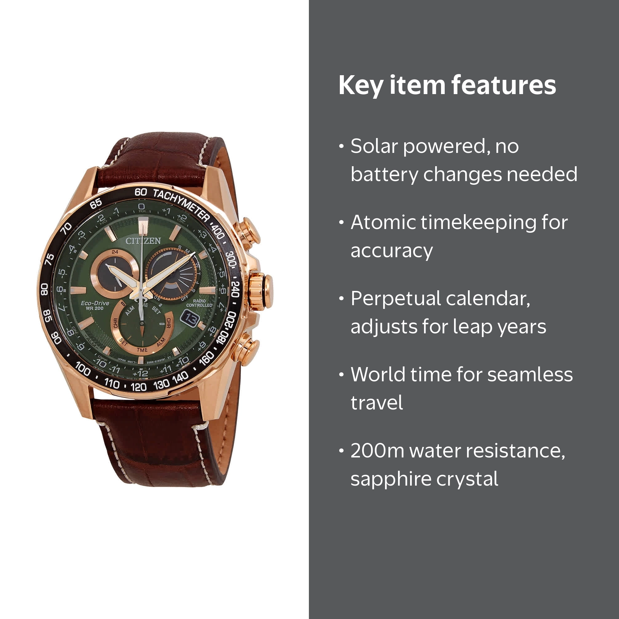 Citizen Eco-Drive PCAT World Time Chronograph, Green Dial, Men's