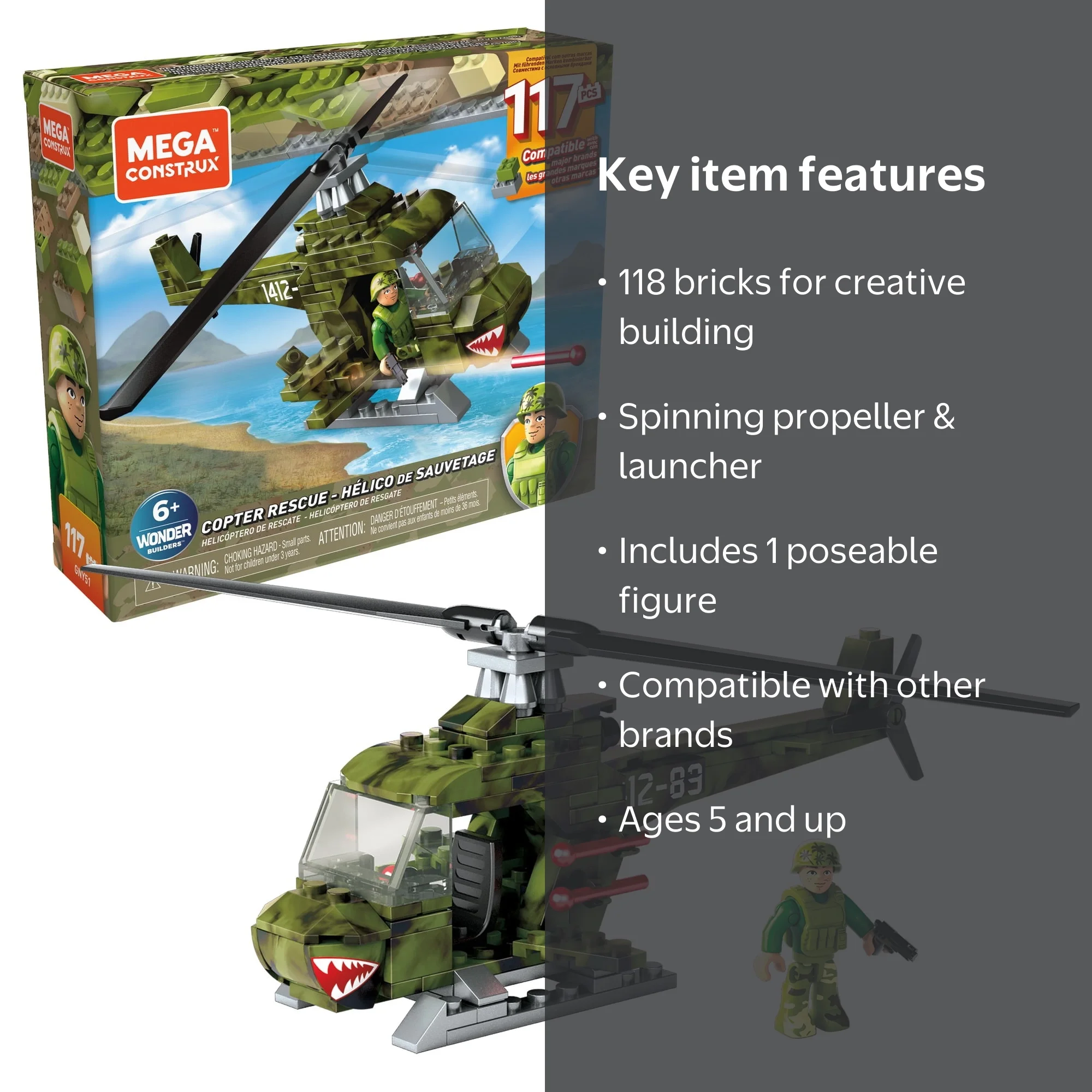 Mega Construx Copter Rescue Construction Set, 118 Pieces, Spinning