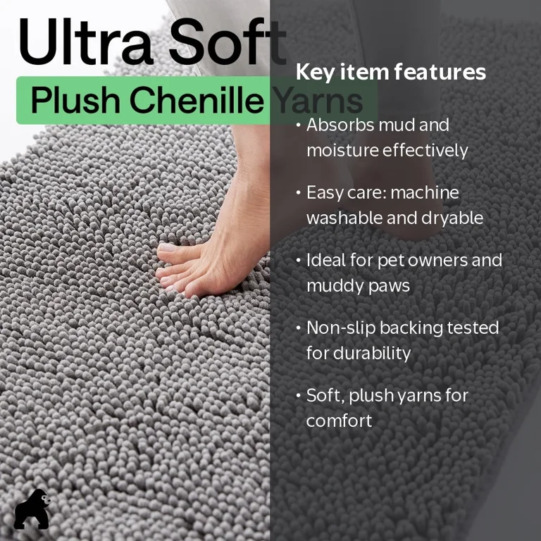 GORILLA GRIP, Doormat, 30x20 Ultra Absorbent Muddy Dog Paws Gray