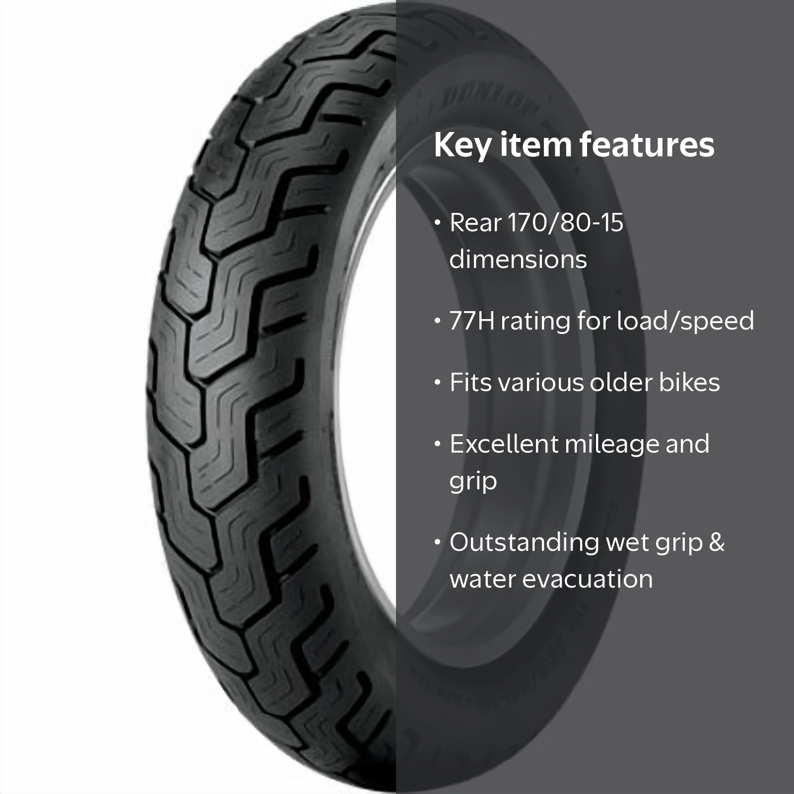 Dunlop, Motorcycle Tire, 170/80-15 (77H), Black Wall Rear