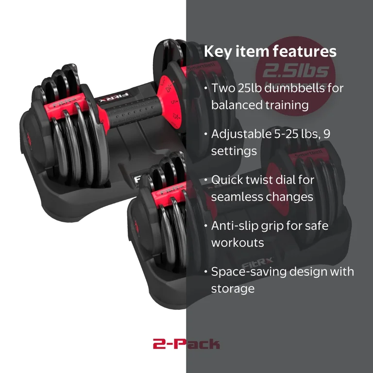 FitRx Adjustable Dumbbells 2-Pack, 25lb Set, Compact 9-in-1 Free