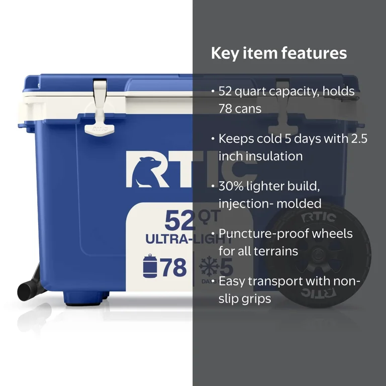 RTIC 52 Qt 76-Can Ultra-Light Rolling Cooler, Cobalt & White