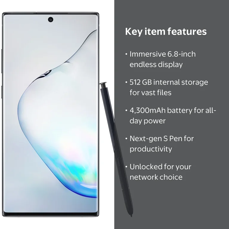 SAMSUNG Unlocked Galaxy Note 10 Plus, 512GB Black - Smartphone