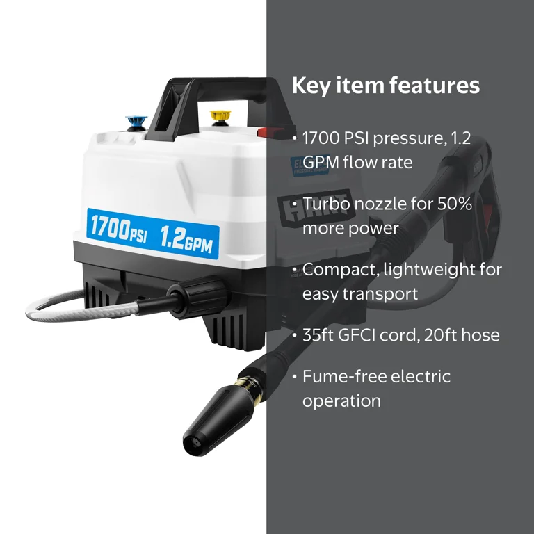 HART 1700 PSI 1.2 GPM Electric Pressure Washer with Turbo Nozzle