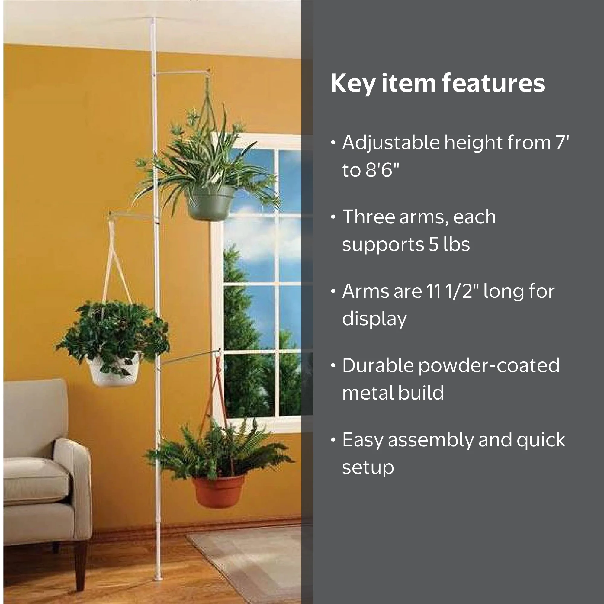 SPRING TENSION ROD INDOOR PLANT POLE WITH 3 ADJUSTABLE ARMS