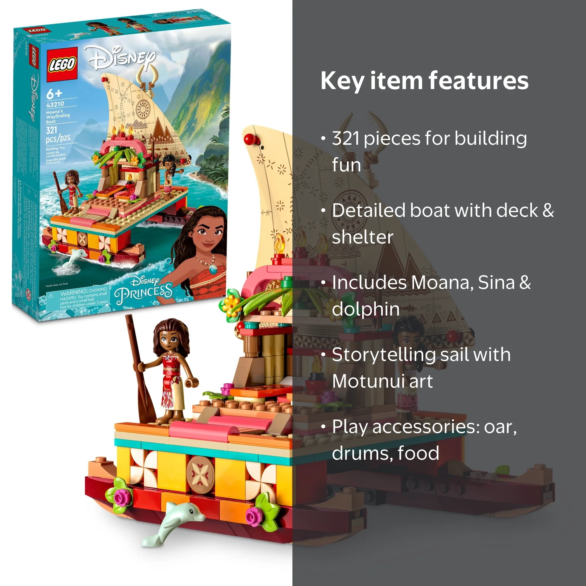 Moana LEGO, Disney Moana's Wayfinding Boat 43210, 321 Pieces, Ages 6+