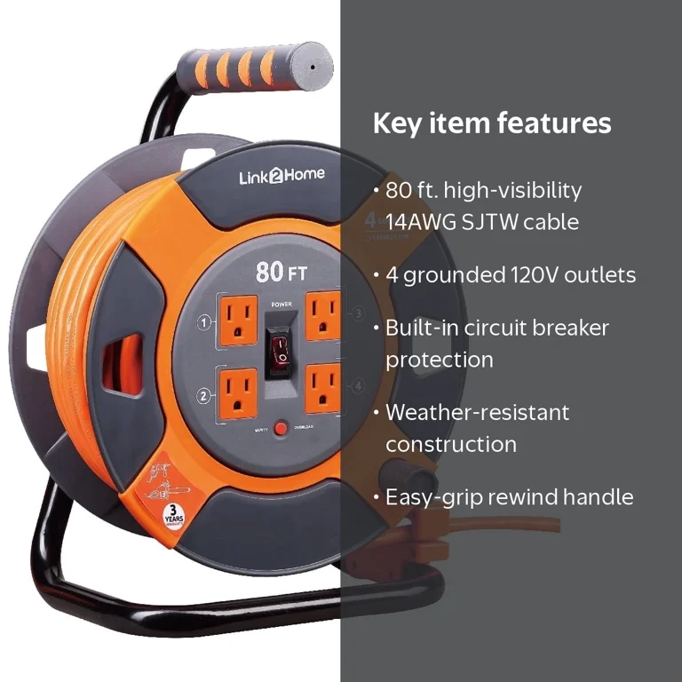 Link2Home, Extension Cord Reel, 80 Ft, 4 Outlets Outdoor Power