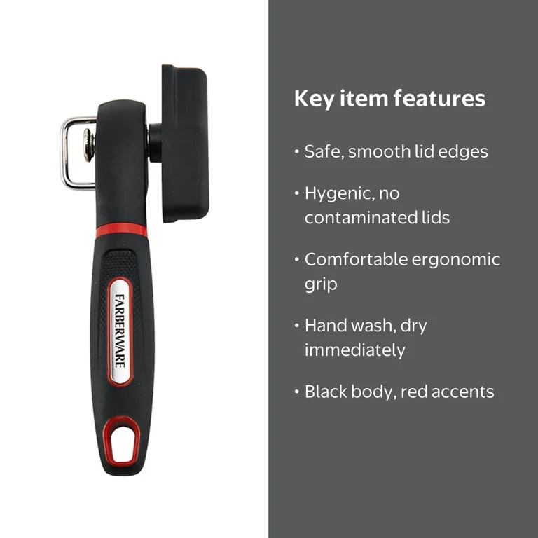 Farberware Soft Grips Safety Can Opener in Black with Red Accents