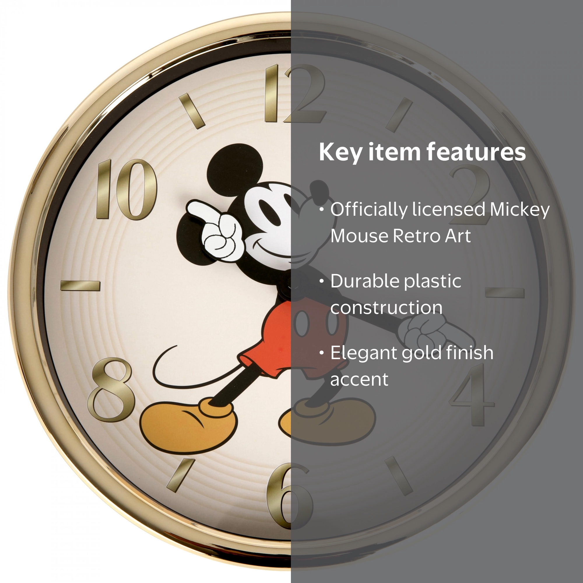 Mickey Mouse Retro Art Wall Clock, Gold Plastic Design, Disney