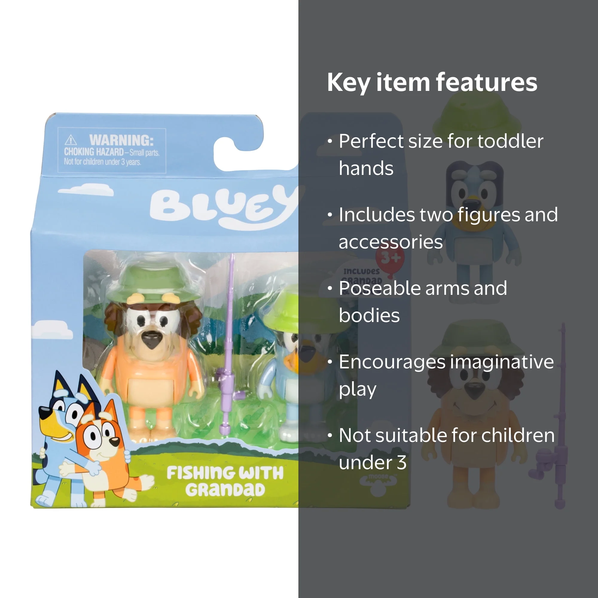 bluey fishing pole S11 Figure 2Pk with Grandad, Figures This pack is themed around the episode Bluey Family & Friends Accessories