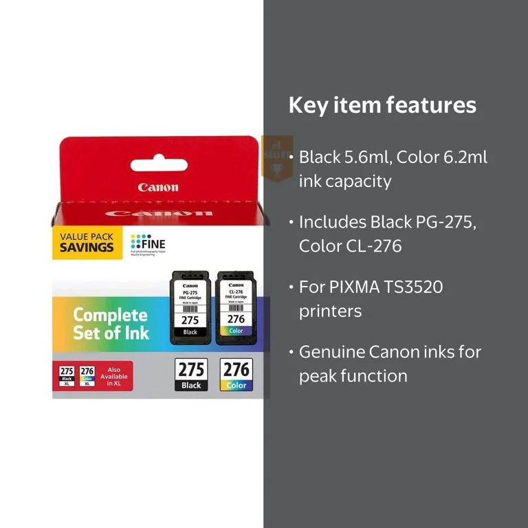Canon PG-275 Black, CL-276 Color Ink Cartridges, 5.6 ml, 6.2 ml