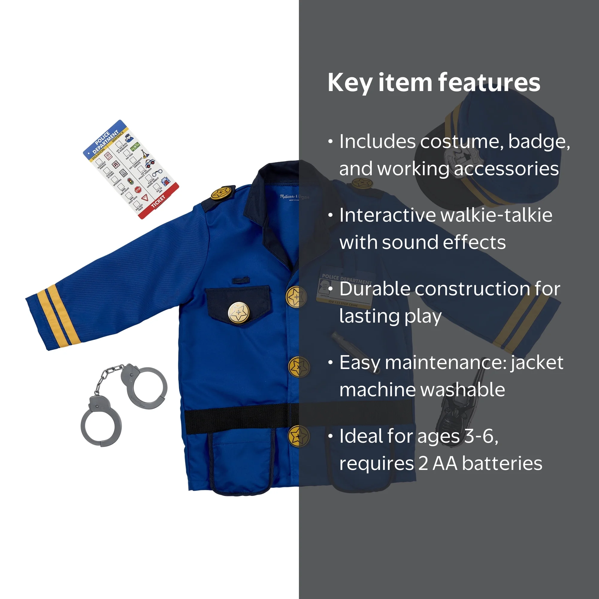 DeAO Costume Policier Enfant – Gilet, Chapeau, Menottes, Talkie-Walkie, Lampe – Ensemble 13 Pièces, Lavable, Dès 6 Ans