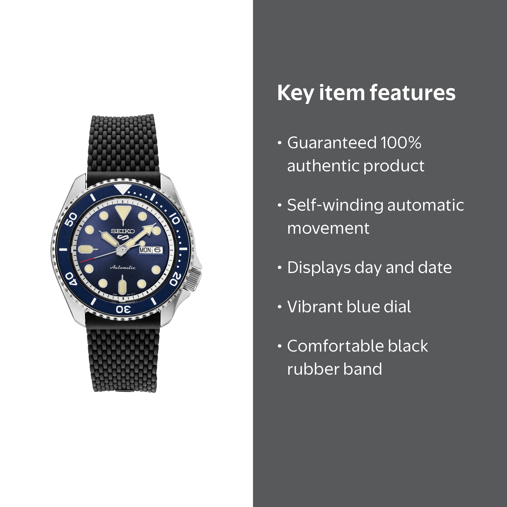 Seiko 5 Sports SRPD93 Blue Dial Black Rubber Day Date Automatic