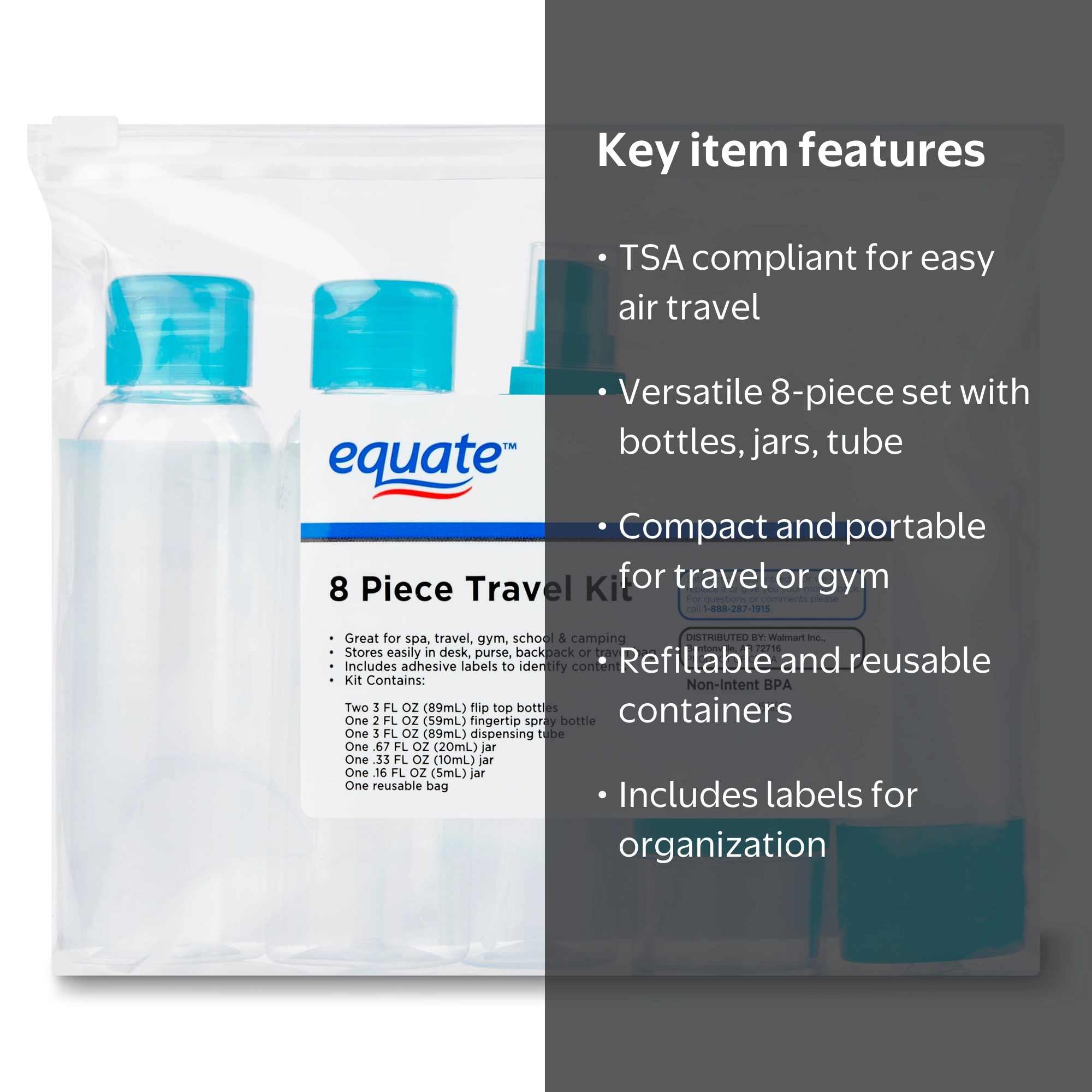 Equate 8-Piece Travel Kit, Colors May Vary, TSA Compliant