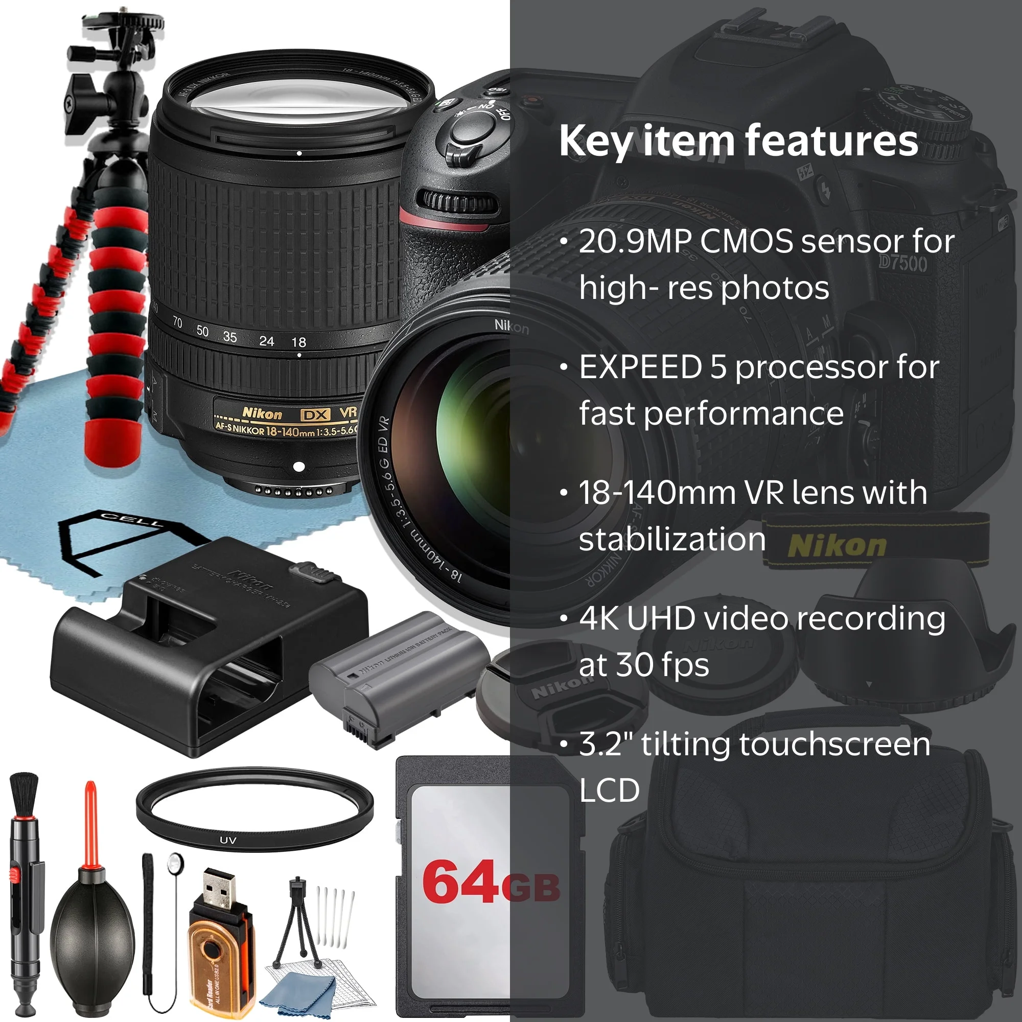 Nikon D7500 DSLR Camera, 18-140mm Lens, 64GB Card, Case, Tripod