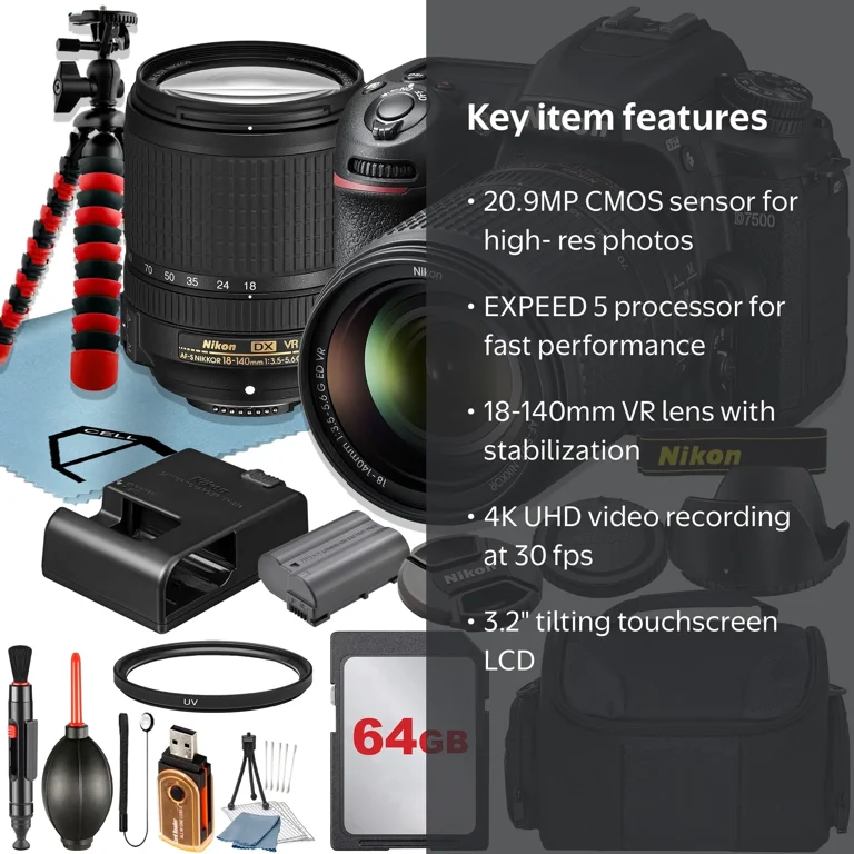 Nikon D7500 DSLR Camera, 18-140mm Lens, 64GB Card, Case, Tripod
