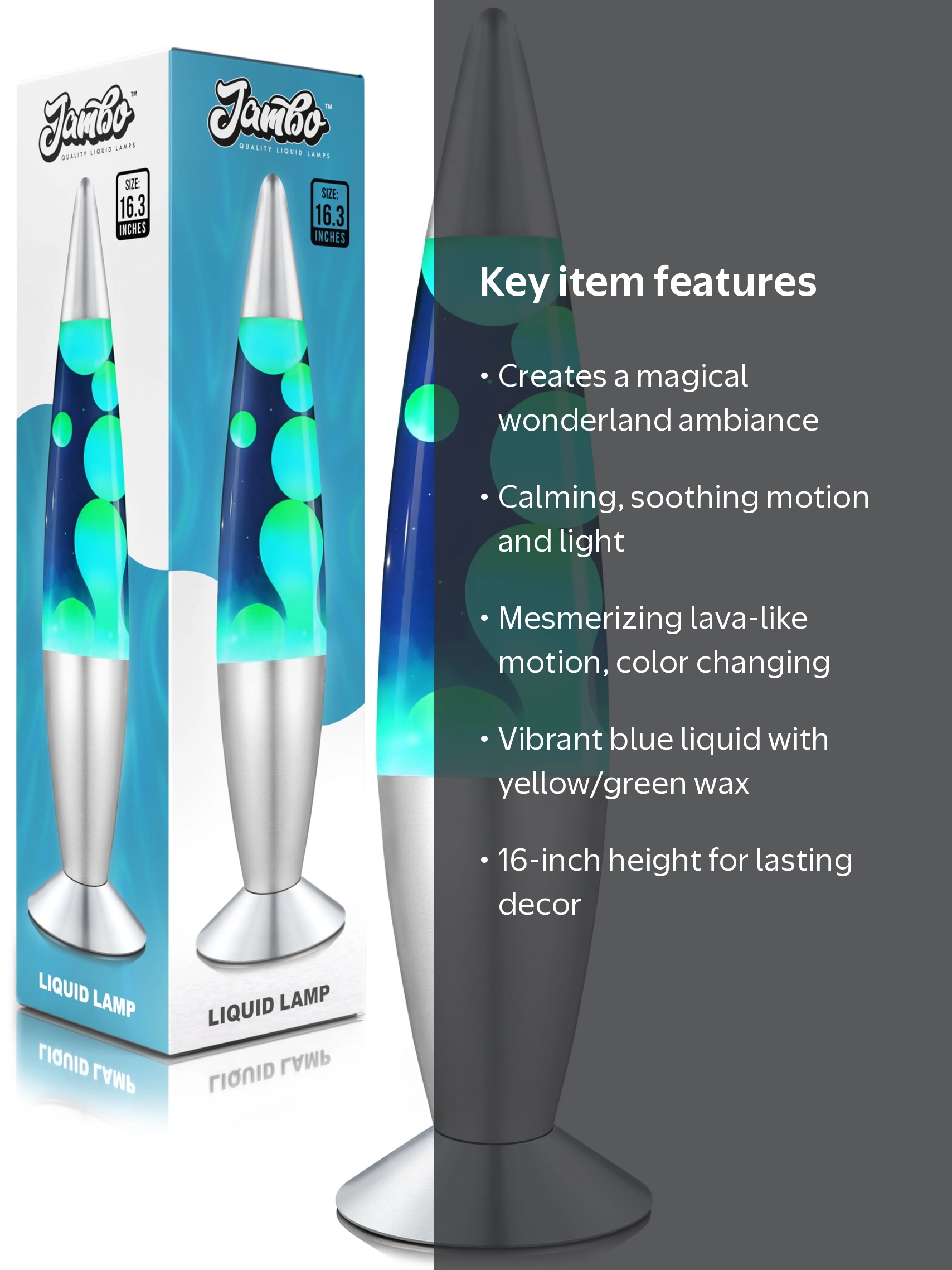 Jambo, Liquid Motion Lamp, 16 inch, Blue with Yellow and Green Wax