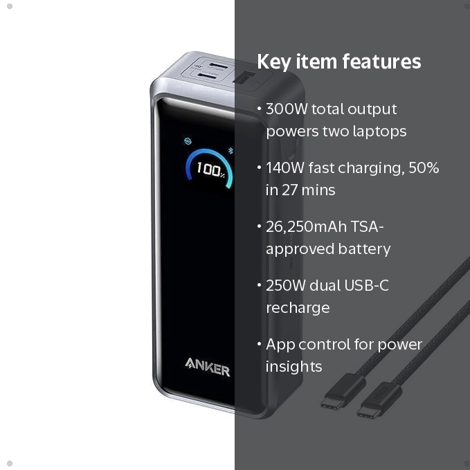 Anker Prime Power Bank, 26,250mAh, 300W Max Output, Portable