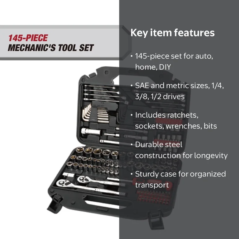 Hyper Tough 145-Piece Mechanics Tool Set, 1/4, 3/8 & 1/2-inch