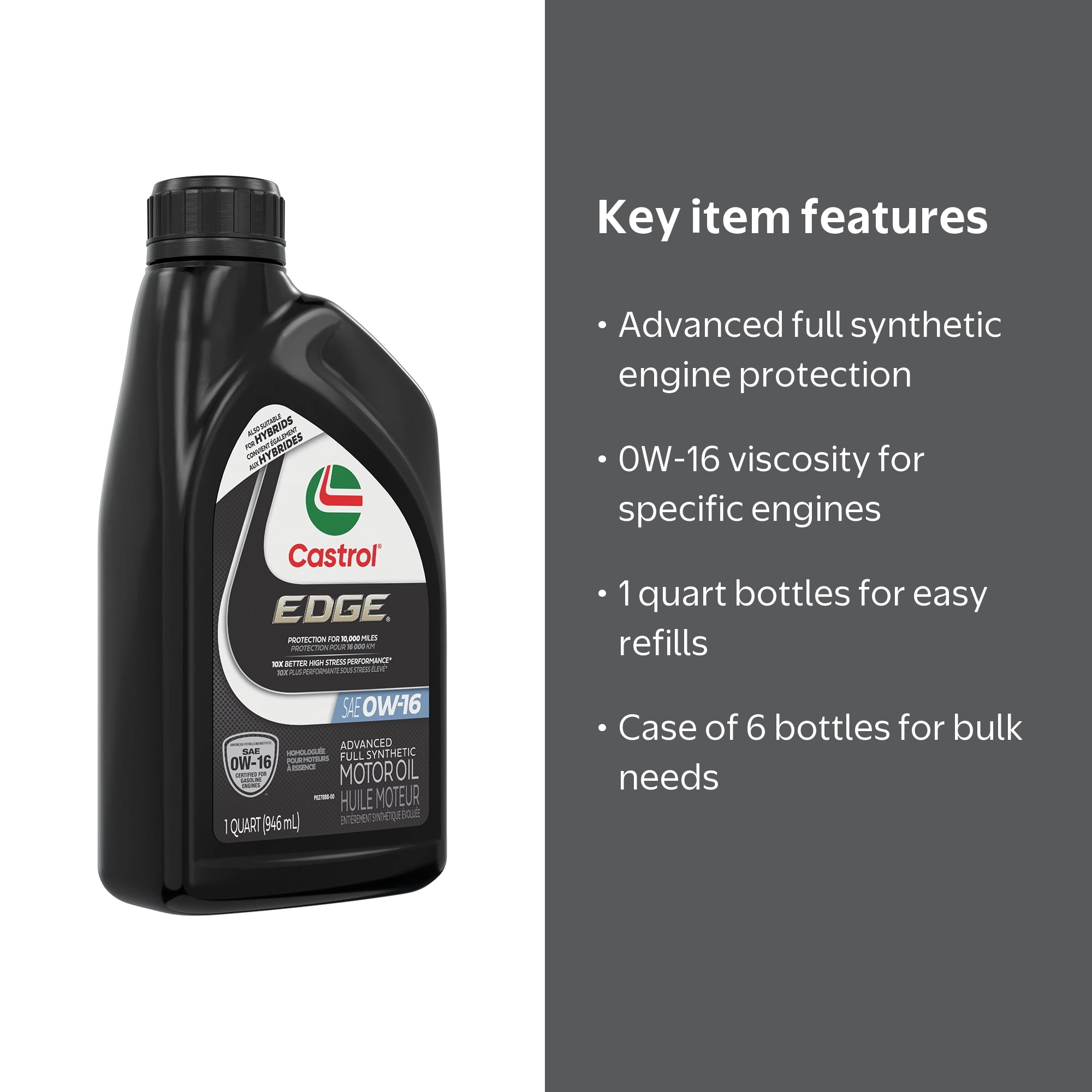 Castrol, Full Synthetic Motor Oil, 0W-16, 1 Quart, Case of 6