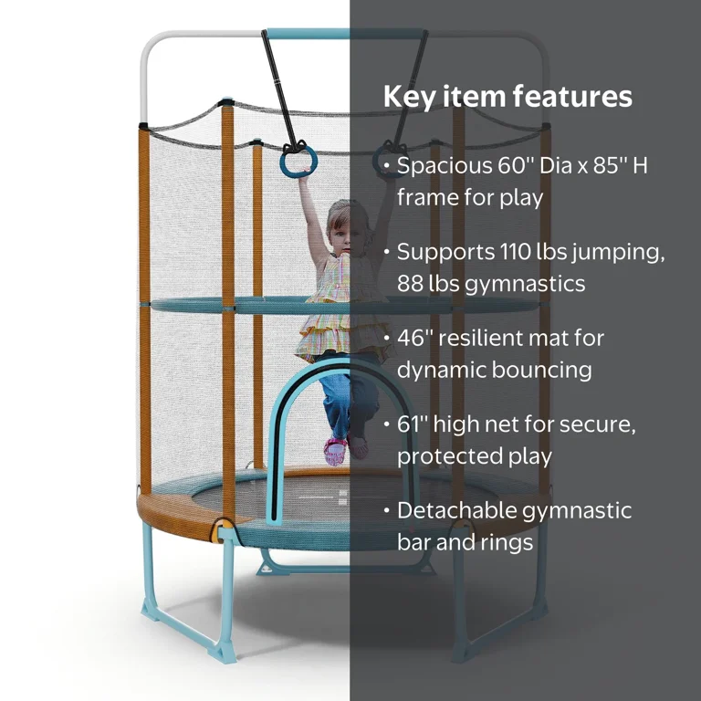 Gymax 60'' Kids Trampoline w/ Gymnastic Bar, Foamed Handle, No Gap