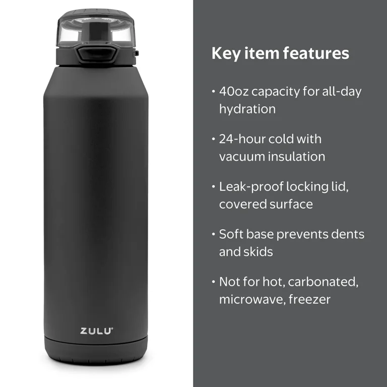 ZULU 40oz Swift Stainless Steel Water Bottle, Black - Walmart.com