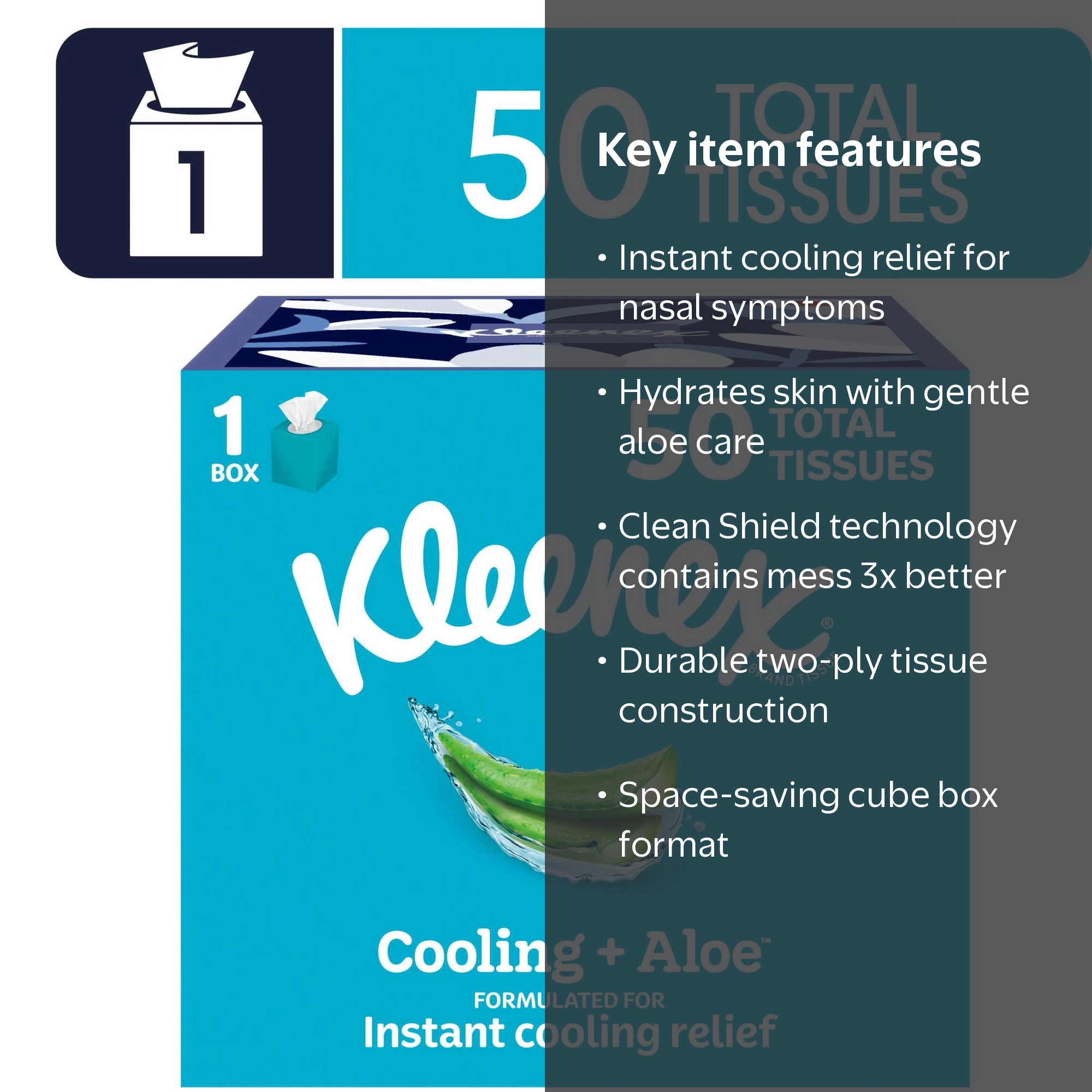 Kleenex Cooling + Aloe Facial Tissues, 2-Ply Paper, Cube Box