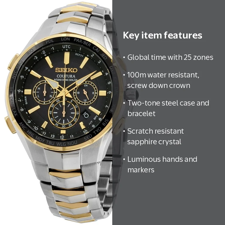 Seiko Coutura SSG010 Men's Two Tone Steel Watch, Black Dial, Radio