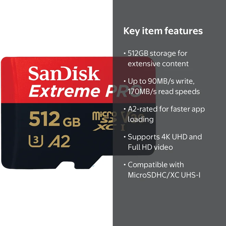 SanDisk, microSDXC Memory Card, 512GB, Extreme Pro, 4K UHD