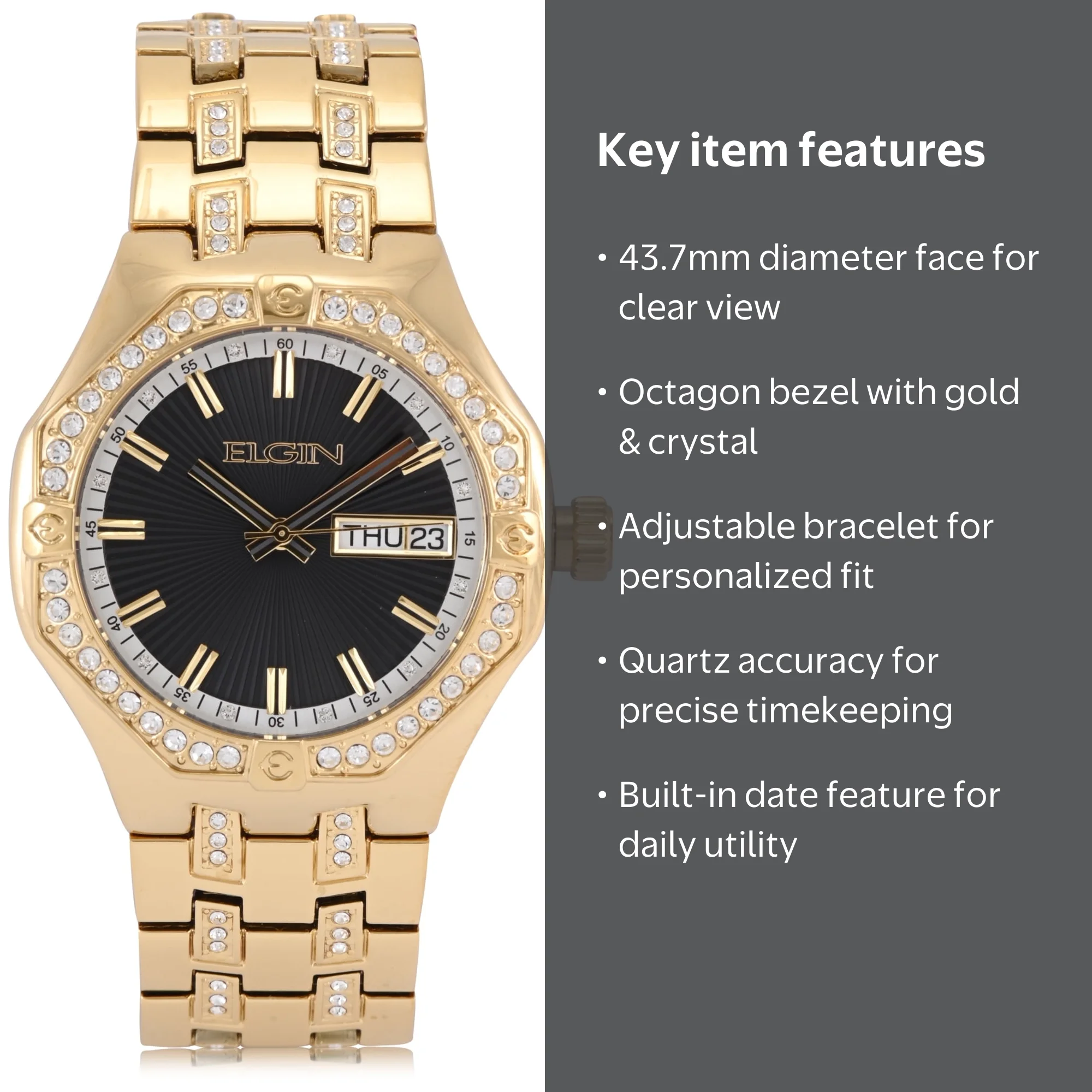 Elgin Adult Men's Gold and Crystal Round Case Watch with Date