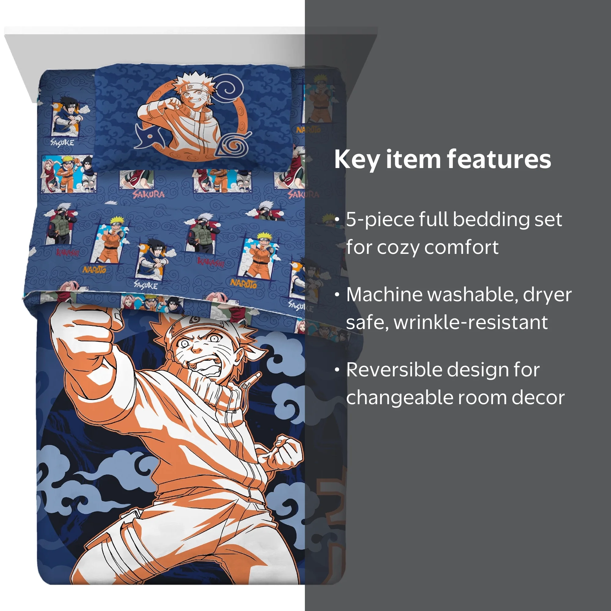 Naruto Kids 5 Piece Blue Reversible Comforter, Bed in a Bag, Full