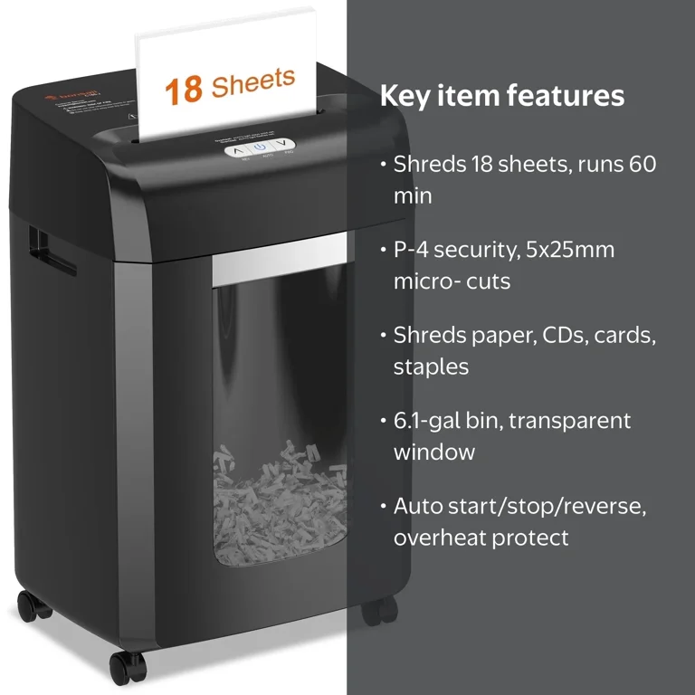 Bonsaii Paper Shredder 18-Sheet Cross Cut Office Shredder 60 Mins