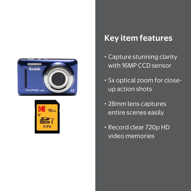 KODAK PIXPRO Point and Shoot FZ53 Digital Camera (Blue) with 16GB