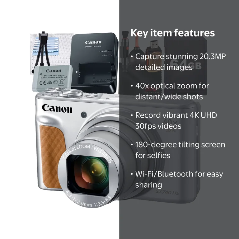 Canon PowerShot SX740 HS Digital Camera (Silver) with SanDisk 64GB
