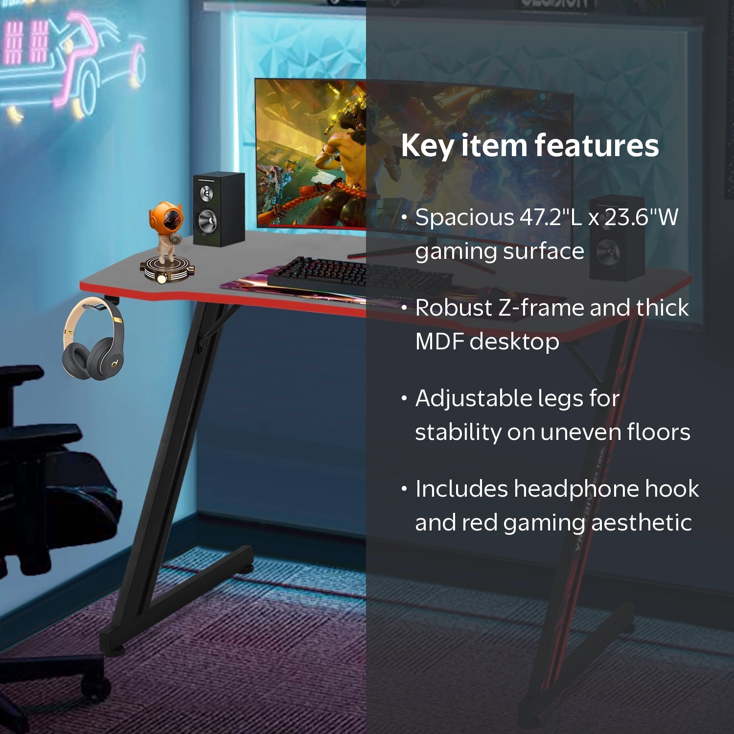 パソコンデスク live happily NiamVelo, Gaming Desk, 47 inch, Z-Shaped PC Computer Table Red