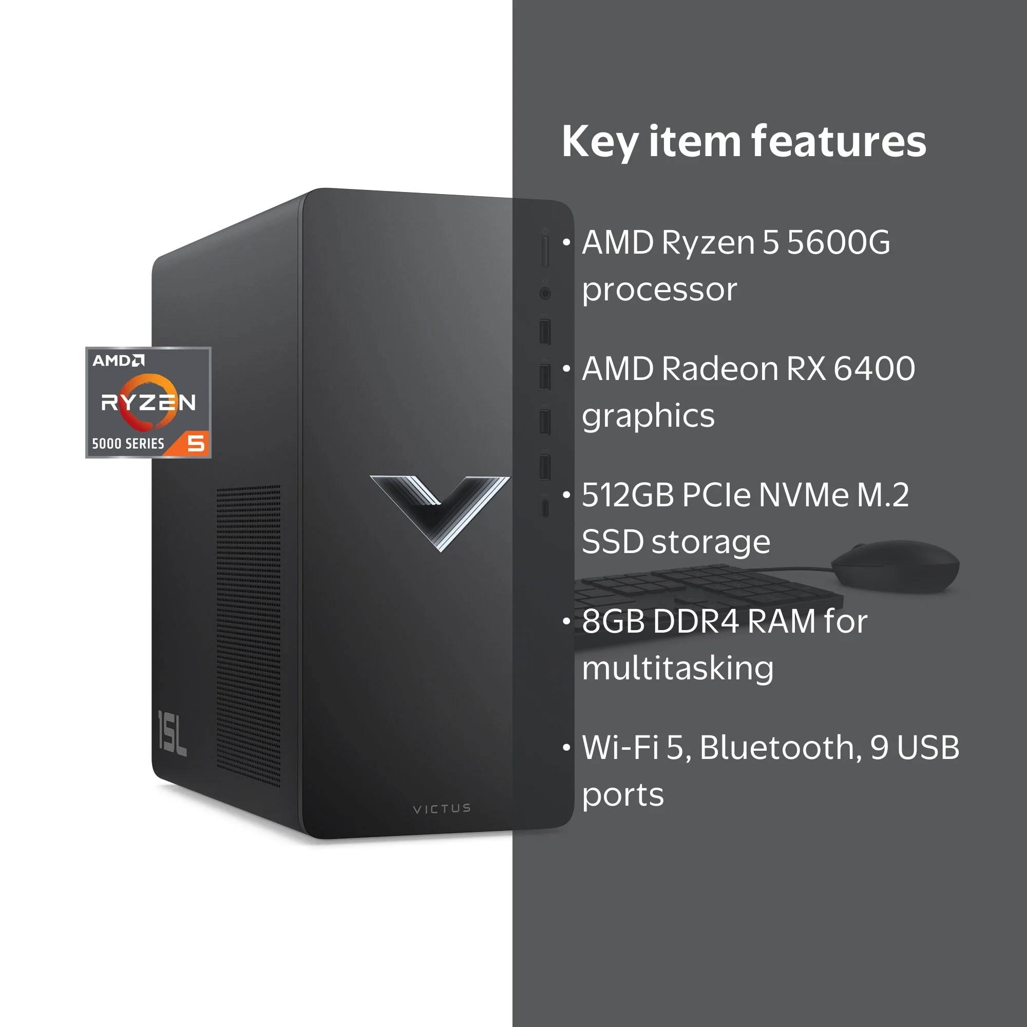 HP, Victus 15L Gaming Desktop PC, TG02-0013w, AMD Ryzen 5 5600G