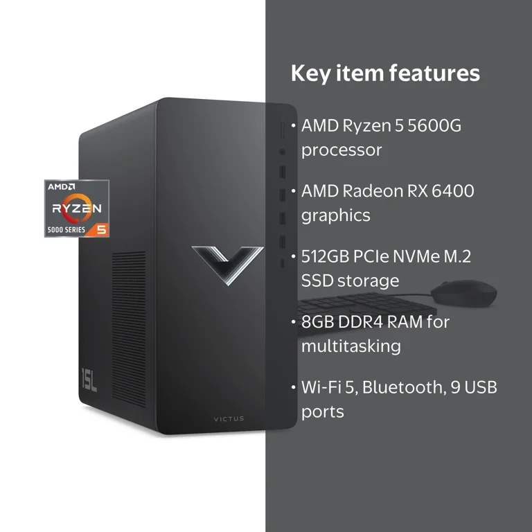 HP, Victus 15L Gaming Desktop PC, TG02-0013w, AMD Ryzen 5 5600G