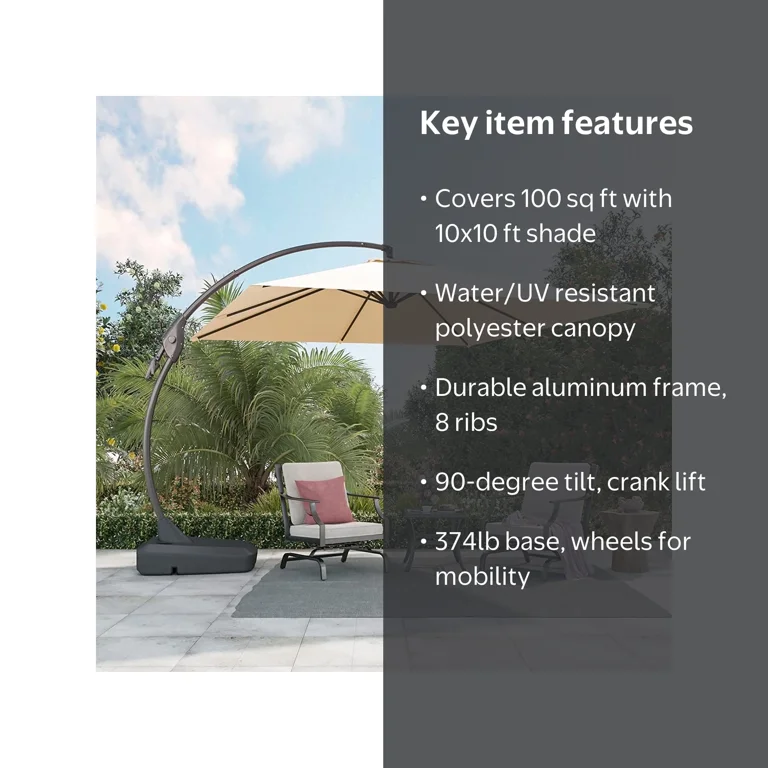grand patio deluxe 10 foot curved aluminium offset umbrella 10x10 FT Patio Umbrella, Large Square Aluminum Cantilever Base Included for Deck Porch (Navy Blue, 10x10 FT) : Patio, Lawn & Garden the reinforced pole is made from powder coated aluminium.The outer umbrella has wheels for easy movement and the base needs to be filled with 265 lbs of sand and water to secure the umbrella GRAND PATIO 10x10 FT Square